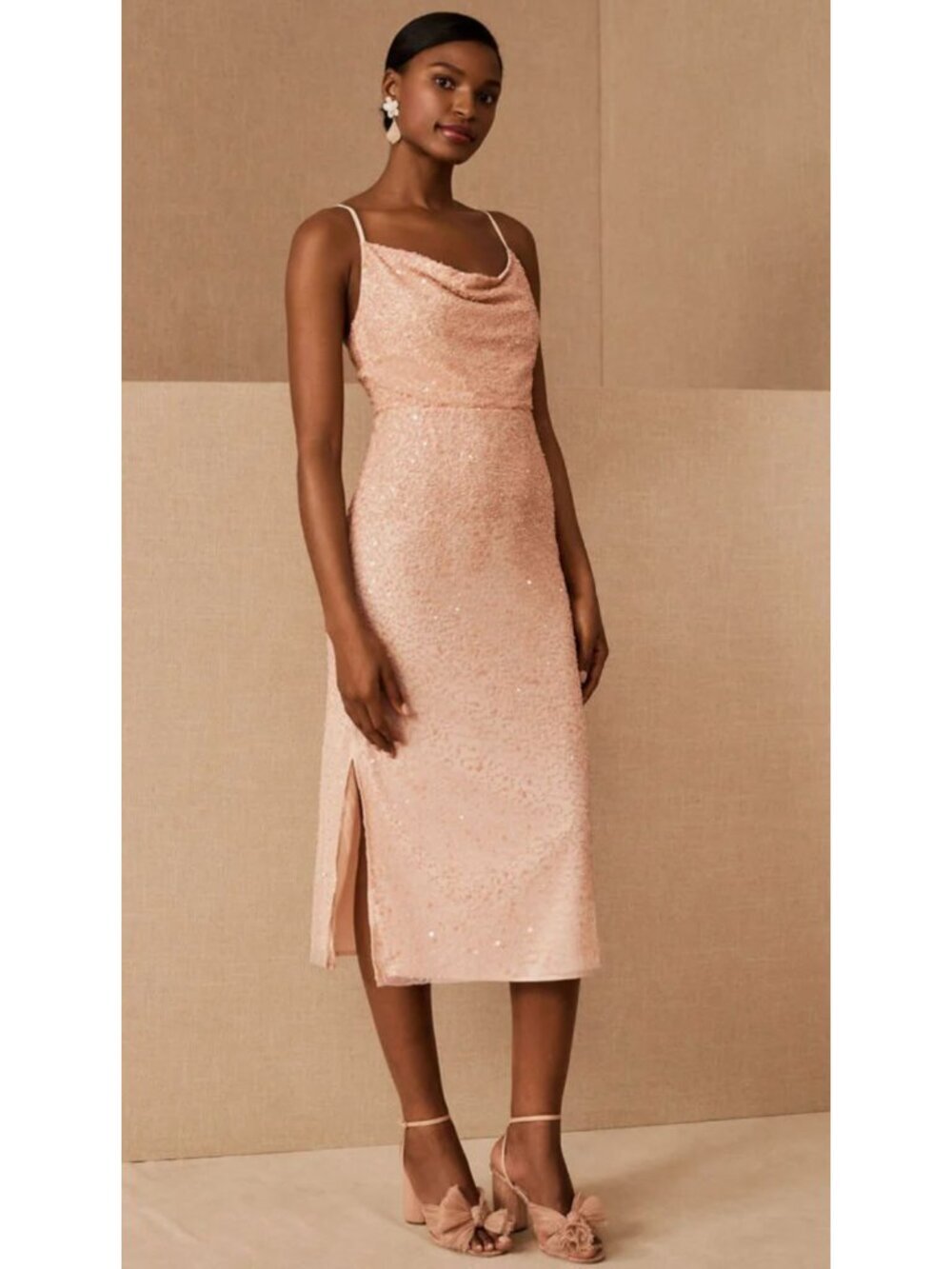 Forever That Girl Anthropologie Blush Pink Sequin Dunne Cowl Formal Midi Dress